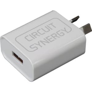 A white USB wall charger with two prongs and a logo on the side, designed for fast charging.
