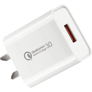 A white USB wall charger with Qualcomm Quick Charge 3.0 technology and a single USB-A port.