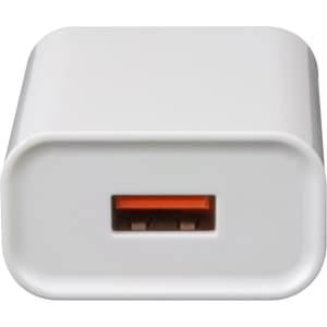 A white USB wall charger with a single USB port, featuring an orange connector. It has a logo on the side.