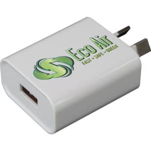 A white USB wall charger with a green logo, designed for quick charging. Suitable for travel adapters.