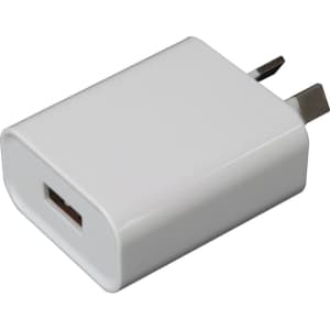 A white USB wall charger with two prongs, designed for fast charging, featuring a simple rectangular shape and a logo.