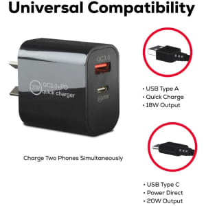 A sleek black wall charger with USB-A and USB-C ports, featuring a compact design for travel.