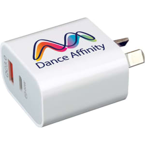 A white wall charger featuring two USB ports and a logo, designed for quick charging.