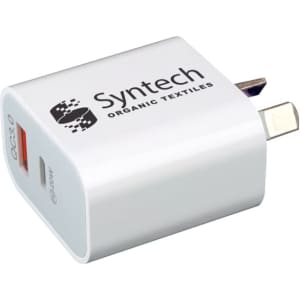 A compact white wall charger featuring two USB ports and a logo. Designed for fast charging technology.