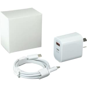 A white wall charger with a USB port, accompanied by a white USB-C cable and a plain white box.