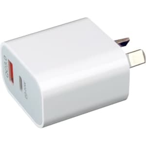 A white wall charger with multiple ports, featuring a sleek design and a branding logo.