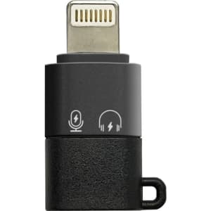 A black Lido Pro Wireless Microphone with a connector for devices and an attached loop for easy carrying.