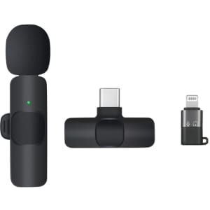 A black wireless microphone set, including a microphone, USB-C receiver, and Lightning receiver, all neatly arranged.
