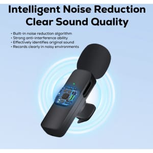 A wireless microphone with a sleek design, featuring a black body and foam windscreen, and a logo on the side.