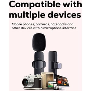A wireless microphone in black, designed for compatibility with multiple devices like phones and cameras, featuring a sleek design.