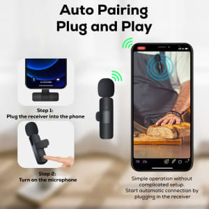 A black wireless microphone with a clip, displayed alongside a smartphone showing a user-friendly interface.