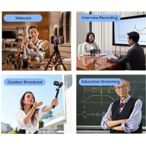 A collection of scenes featuring a wireless microphone used in webcasts, interviews, outdoor broadcasts, and educational streaming.