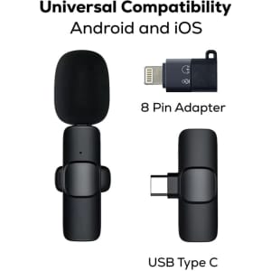 A black wireless microphone with a USB Type C and 8 Pin adapter, featuring a branding logo.