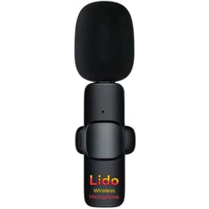A black wireless microphone with a round top and a small logo, featuring a clip for attachment.