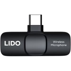 A black wireless microphone featuring a USB connector and a logo. It has a sleek, compact design for easy portability.