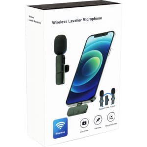 A black wireless lavalier microphone packaged in a white box, featuring an illustrated smartphone with a display.
