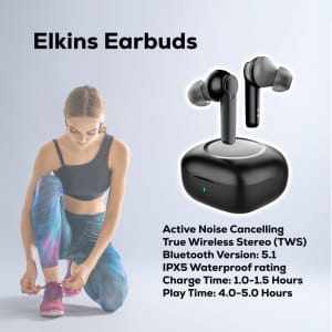 Active Noise Cancelling TWS earbuds with a sleek design, featuring a charging case. Available in black.