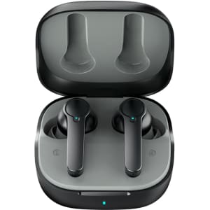 Active noise cancelling earbuds in a sleek black charging case, featuring a modern design and an interior in grey.