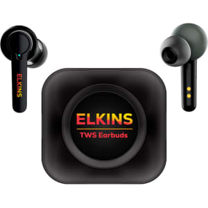 Active noise cancelling TWS earbuds in black with a charging case, featuring a logo and multi-coloured branding.