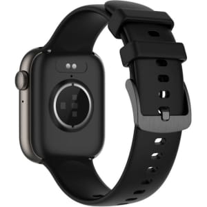 A black smartwatch with a silicone strap features a minimalist design and has a logo on the side.