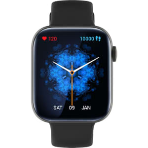 A black Mateo Smart Watch featuring a blue digital display with various metrics and a logo.
