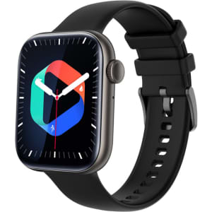 A smartwatch with a square face, black strap, and a colourful geometric design on the display.