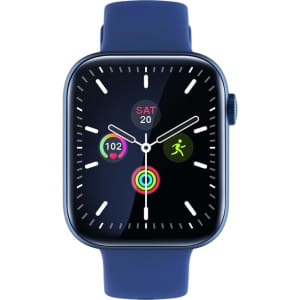 A blue smart watch with a square face displaying various fitness metrics and a circular interface.