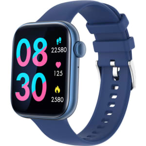 A blue smartwatch with a digital display featuring large colourful numbers and a silicone strap. It has a logo.