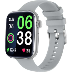 A grey Mateo Smart Watch displaying time, date, and fitness metrics on a vibrant screen. It features a sleek design and a logo.