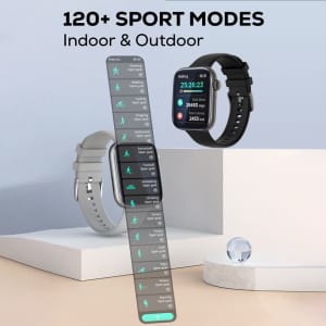 A smart watch in black and grey, featuring various sport modes displayed on the screen and a sleek design.