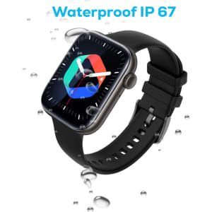 A black smartwatch with a rectangular face, featuring a colourful display and a logo, surrounded by water droplets.