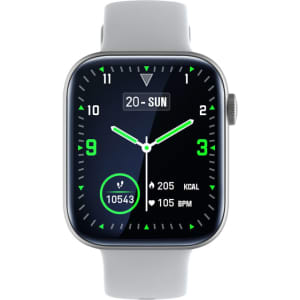 A grey smart watch with a square face displaying time, date, and health metrics. It features a logo on the side.