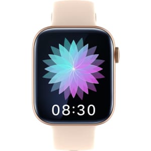 A smartwatch featuring a square touchscreen with a colourful flower pattern and a light beige strap.