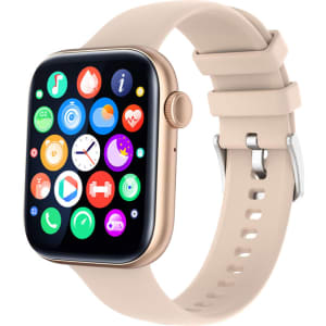 A gold smartwatch with a large touch screen displaying various app icons, featuring a beige strap.