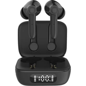 Black Thorpe TWS earbuds in a charging case, featuring a digital display and a sleek design.