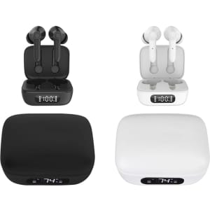 A pair of Thorpe TWS earbuds in black and white, displayed with charging cases featuring digital displays.