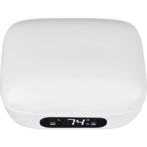 A white charging case for Thorpe TWS Earbuds with a digital display and compact design. It has a logo on it.