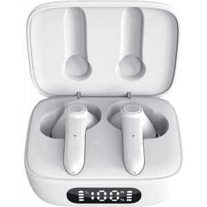 A pair of white Thorpe TWS earbuds in a charging case, featuring a digital display showing battery percentage.