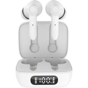 White Thorpe TWS earbuds positioned in their charging case, featuring a digital display.