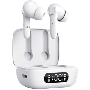 White Thorpe TWS earbuds placed in their charging case, featuring a digital battery percentage display.