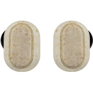 Eco-friendly TWS earbuds in a cream colour with a textured finish and black accents. Features a logo.