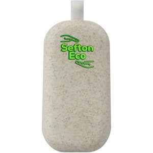 A pair of Sefton Eco TWS Earbuds in a light, speckled case with a logo.