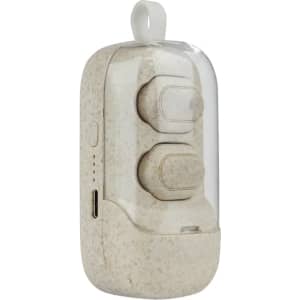 A pair of eco-friendly earbuds in a light beige case with a transparent cover, featuring a logo.