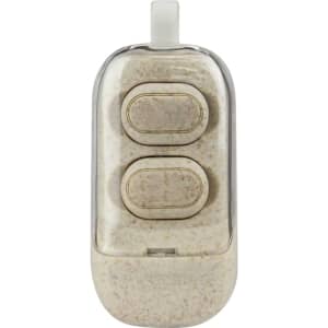 Eco-friendly TWS earbuds in light beige case, featuring a simple design and a logo on the surface.