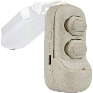 A pair of Sefton Eco TWS earbuds in a beige case, featuring two buttons and a transparent lid.