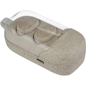 Eco-friendly beige earbuds in a transparent case, featuring a logo.
