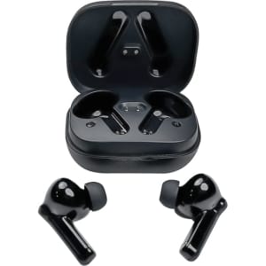 Black Linz Eco TWS Earbuds displayed with their charging case, featuring a sleek design and a logo on the case.
