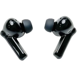 A pair of black eco-friendly true wireless earbuds with a glossy finish and silicone ear tips.