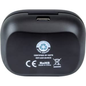 A black charging case for TWS earbuds, featuring a logo and certification markings on the back.
