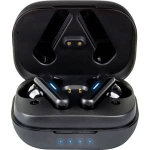 A pair of black Linz Eco TWS earbuds in a charging case, featuring a logo and indicator lights on the front.